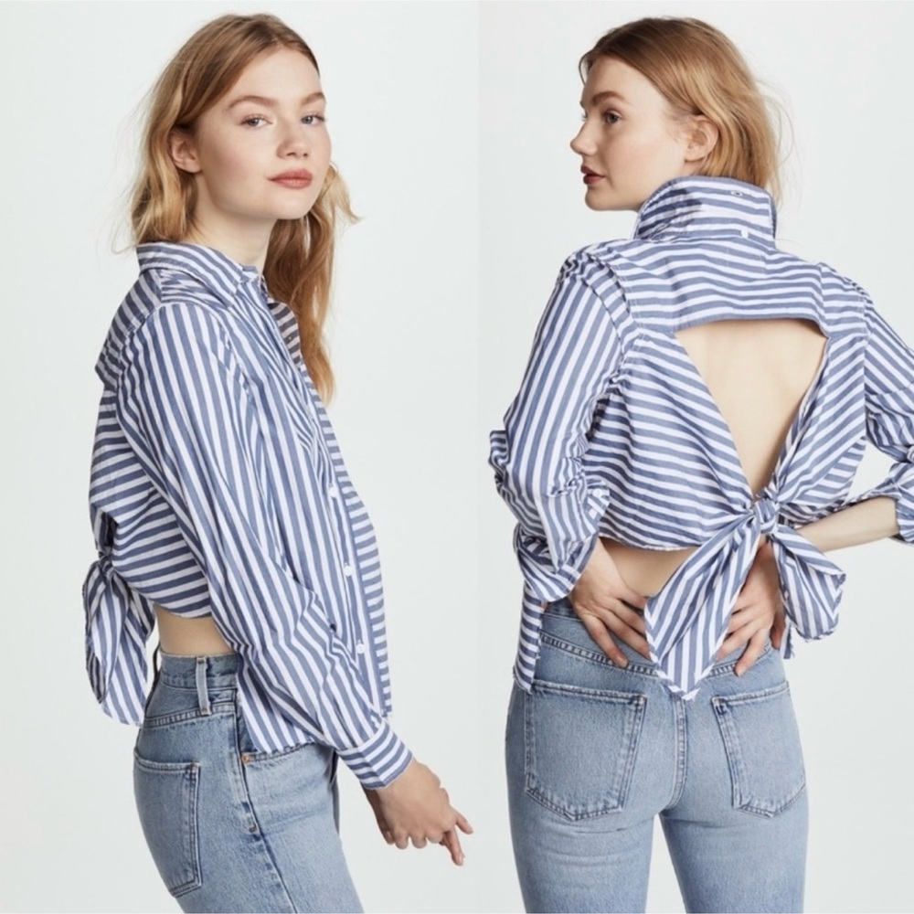 Current/Elliott The Des Striped Nautical Button Down Shirt Tie Back BlueWhite